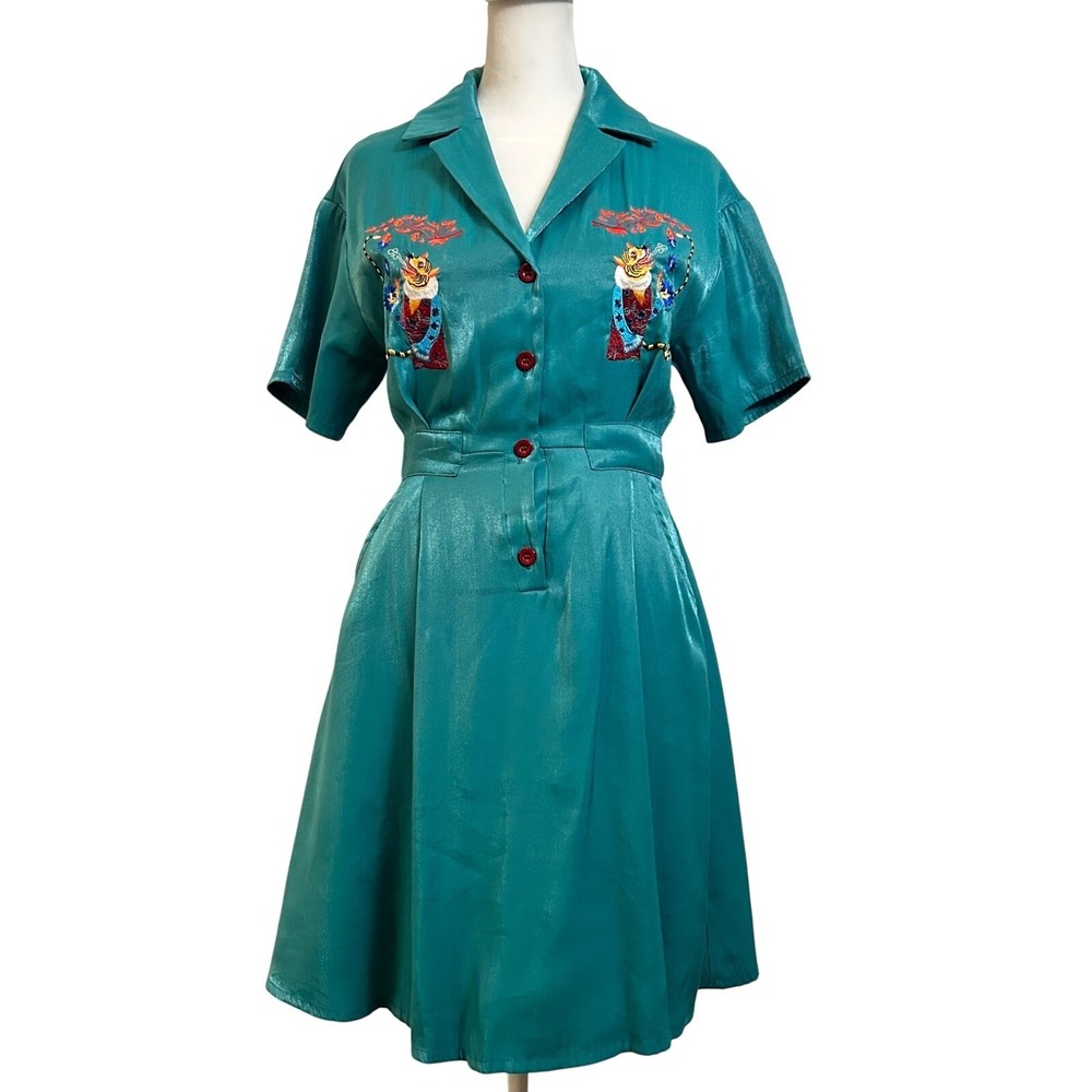 Sibyl of No.17 Tiger Embroidered Fit & Flare Dress Teal Green Medium‎